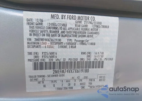 2007 Mercury Grand Marquis Gs z USA, uszkodzony, nr VIN 2MEFM74VX7X619180